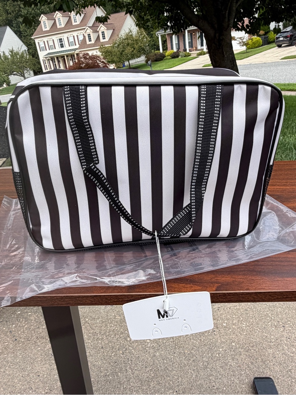 MKS America Waterproof Mesh Shower Bag Black White Stripe Toiletry Tote NWT